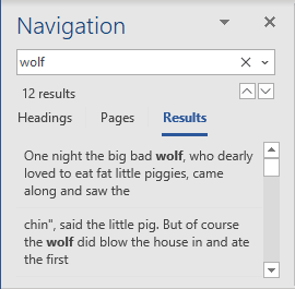 Navigation pane results in Word 365