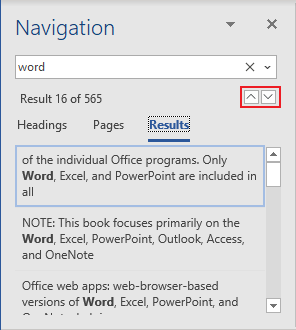 Next and Previous buttons in Navigation pane Word 365