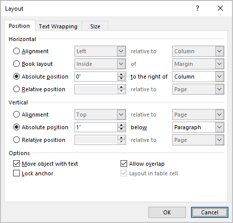 Position tab in Layout dialog box Word 365