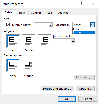 Table Properties dialog box in Word 365