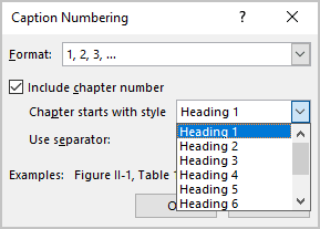Chapter starts with style in Caption Numbering dialog box Word 365