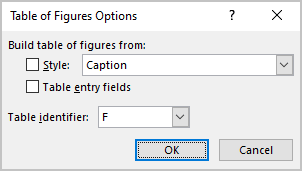 Table of Figures Options dialog box Word 365