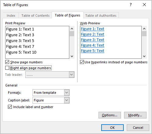 Right align page numbers in Table of Figures Word 365
