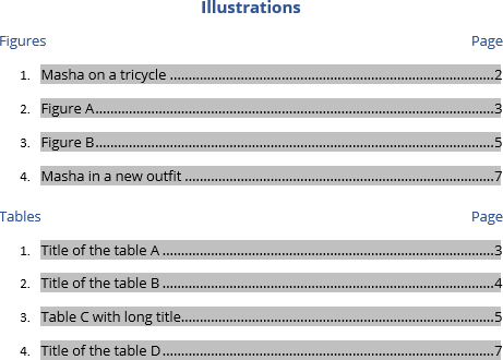 Example of Table of Figures in Word 365