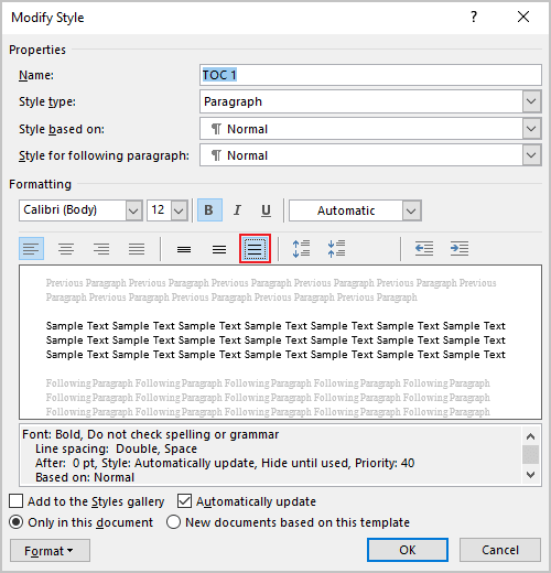 Double space for Table of Contents in Word 365