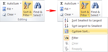 Custom Sort in Excel 2010 menu