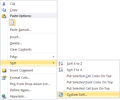 Custom Sort in Excel 2010 popup