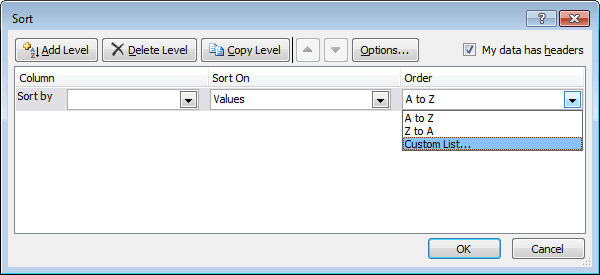 Sort dialog box in Excel 2010