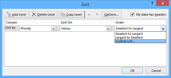 Sort dialog box in Excel 2013