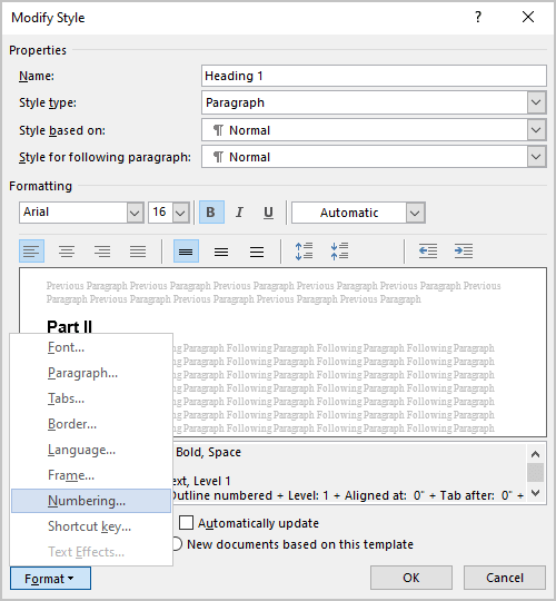 Numbering in Modify Style dialog box Word 365