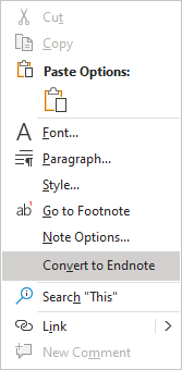 Convert to Endnote in the popup menu Word 365