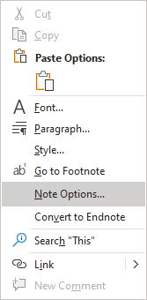 Note Options in the popup menu Word 365