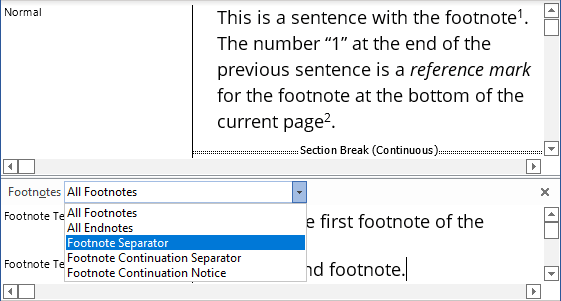 Footnote Separator in Word 365