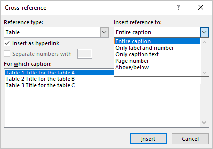 Table in Cross-reference dialog box in Word 365