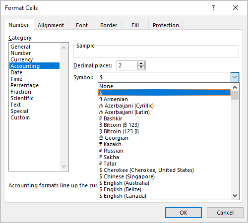 Currency symbol in Format Cells dialog box Excel 365