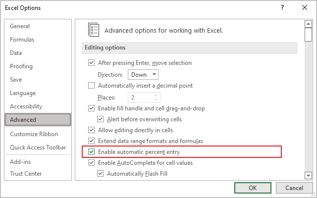 Enable automatic percent entry in Excel 365