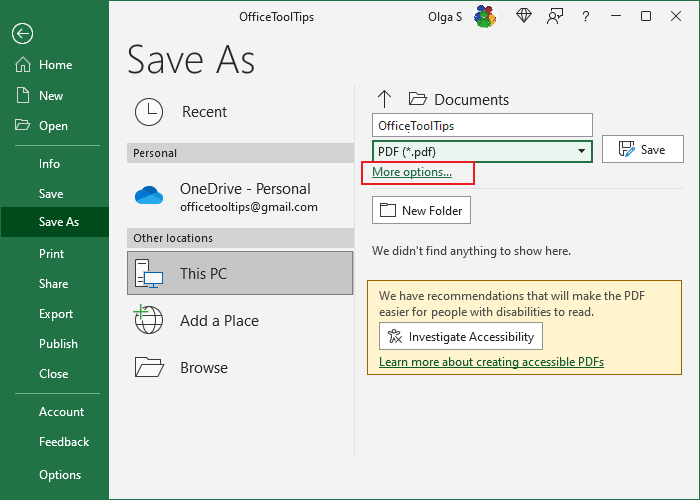 More options in Save as PDF Excel 365