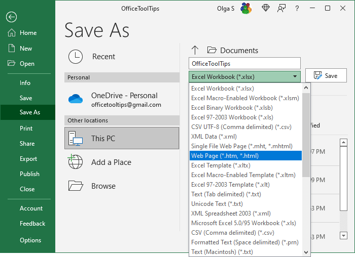 Save as Web Page in Excel 365