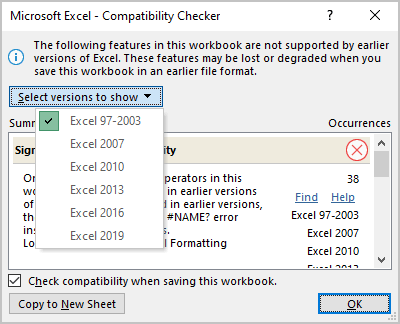 Select versions to show in Compatibility Checker Excel 365