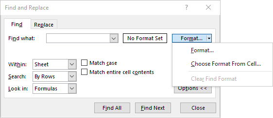 Format in Find and Replace dialog box Excel 365