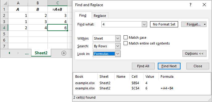Find Formulas in Find and Replace Excel 365