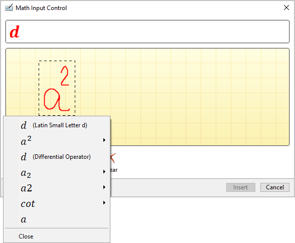 Variants of recognized text in Math Input Control Windows 10