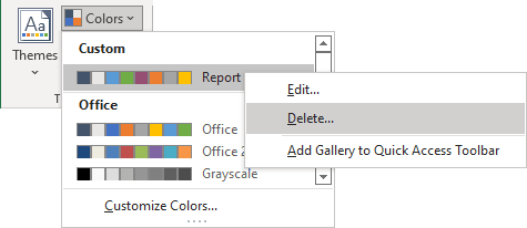 Theme Colors Delete in popup menu Excel 365