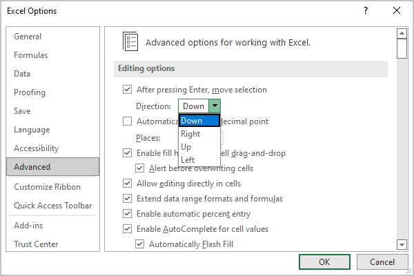 Advanced options in Excel 365