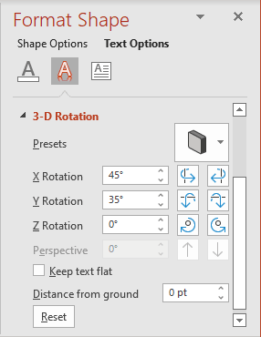 3-D Rotation in Format Shape pane PowerPoint 365