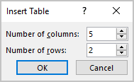Insert Table dialog box in PowerPoint 365