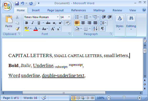 Shortcut Keys to control font format in Word 2007