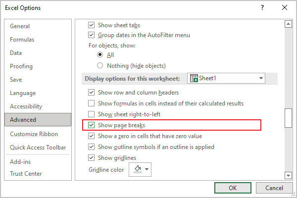 Show page breaks in Excel 365