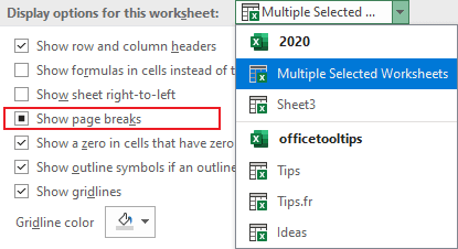 Display options for this worksheet options in Excel 365