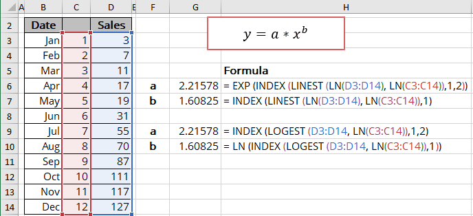 Formula for Power trendline in Excel 365