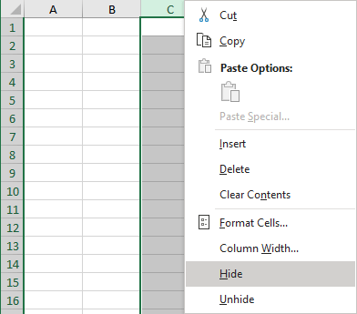 Hide rows or columns in Excel 365