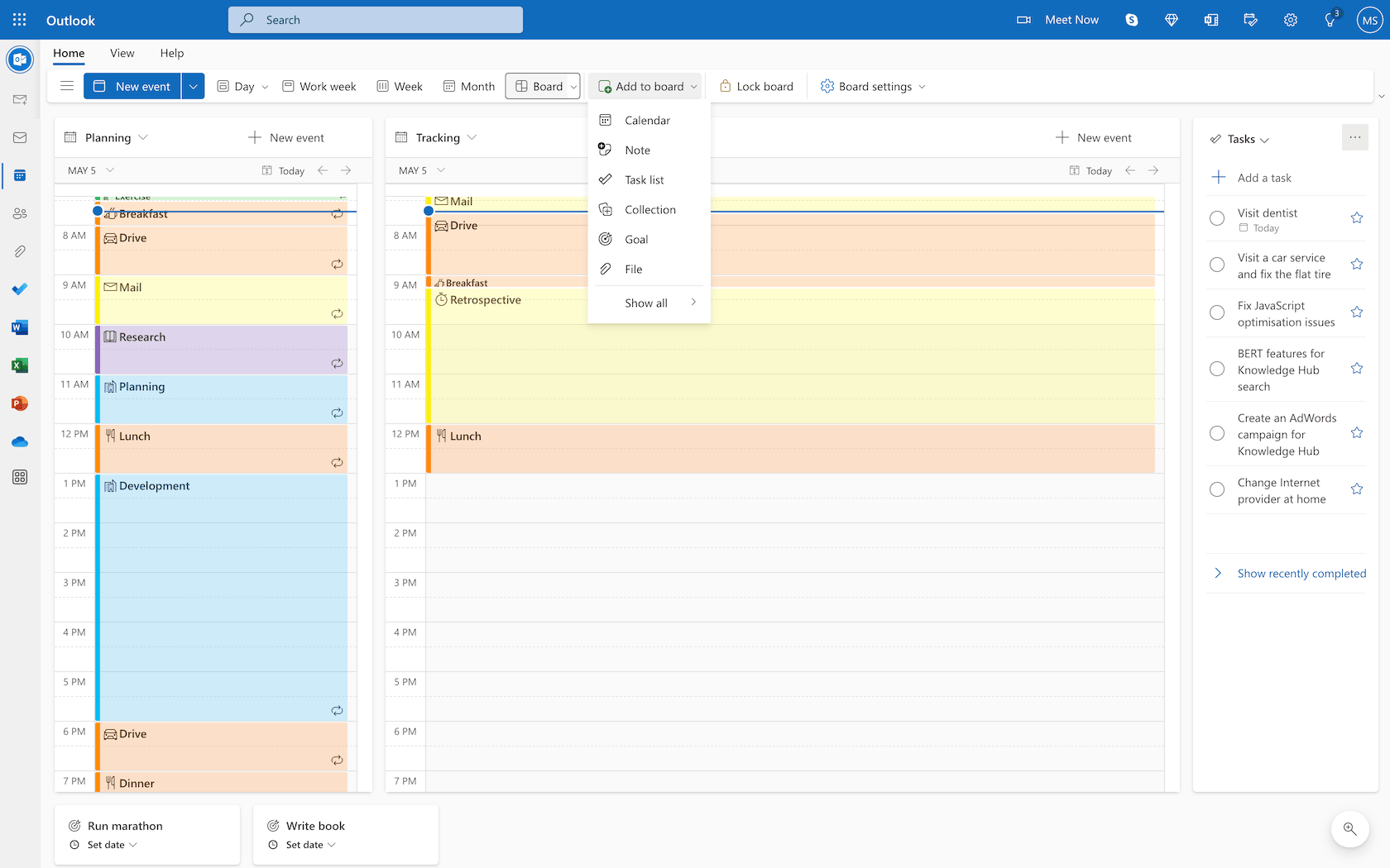Activities and goals board in Outlook 365
