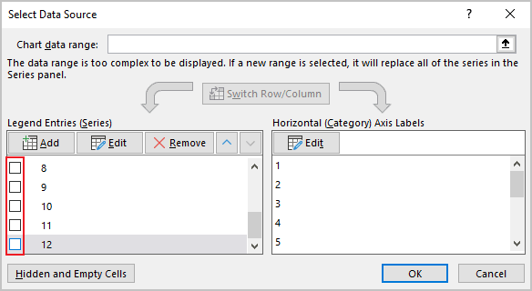 Unselect data series in Select Data Source dialog box Excel 365