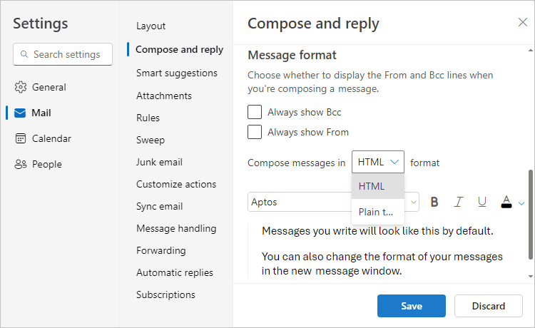Compose and reply tab in Settings Outlook for Web