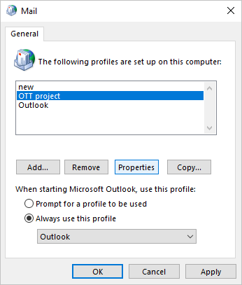 Profile properties in Mail dialog box Windows 10
