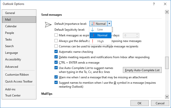Default Importance level in Outlook Options 365
