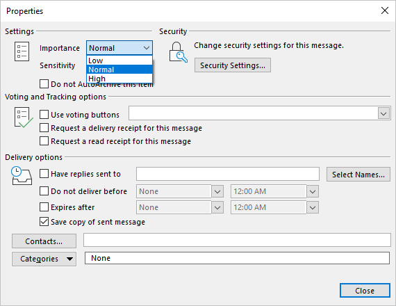 Importance levels in Properties dialog box Outlook 365