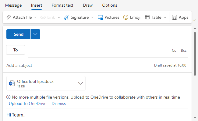 New message with attachment in Outlook 365