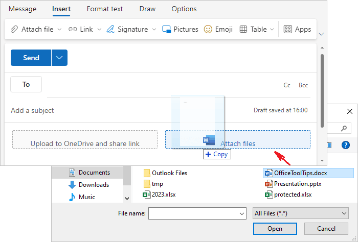 Drag file as copy to HTML message in Outlook for Web
