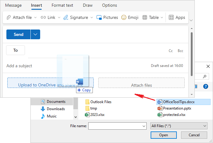 Drag file as link to HTML message in Outlook for Web