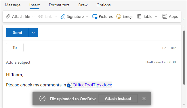 Attach file from OneDrive as link in Outlook for Web