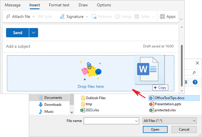 Drag file as copy to Plain Text message in Outlook for Web