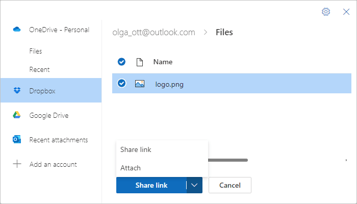 Attach file from DropBox in Outlook for Web