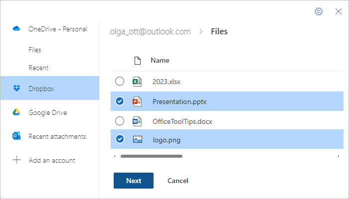 Attach file from DropBox as copy in Outlook for Web