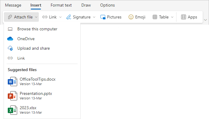 Recent Items list in Outlook for Web