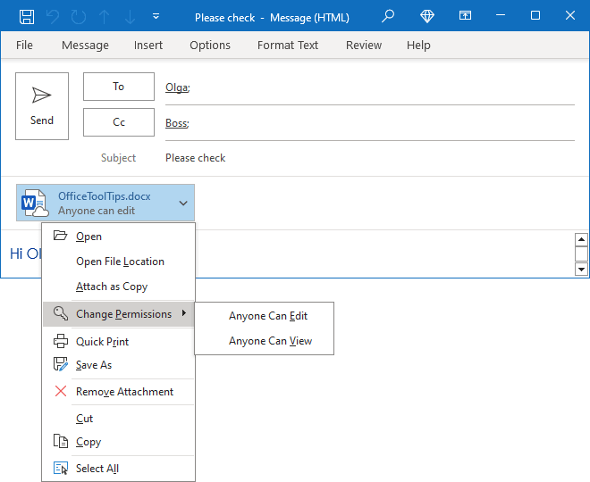 Change the attachment permissions in Outlook 365